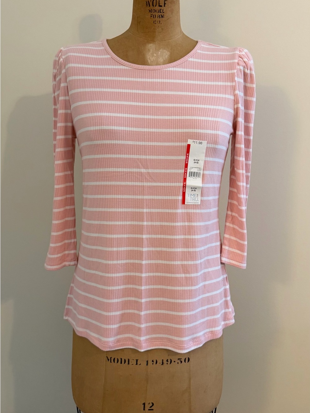 Time and Tru - Striped Pink & White Ribbed Long Sleeve Top